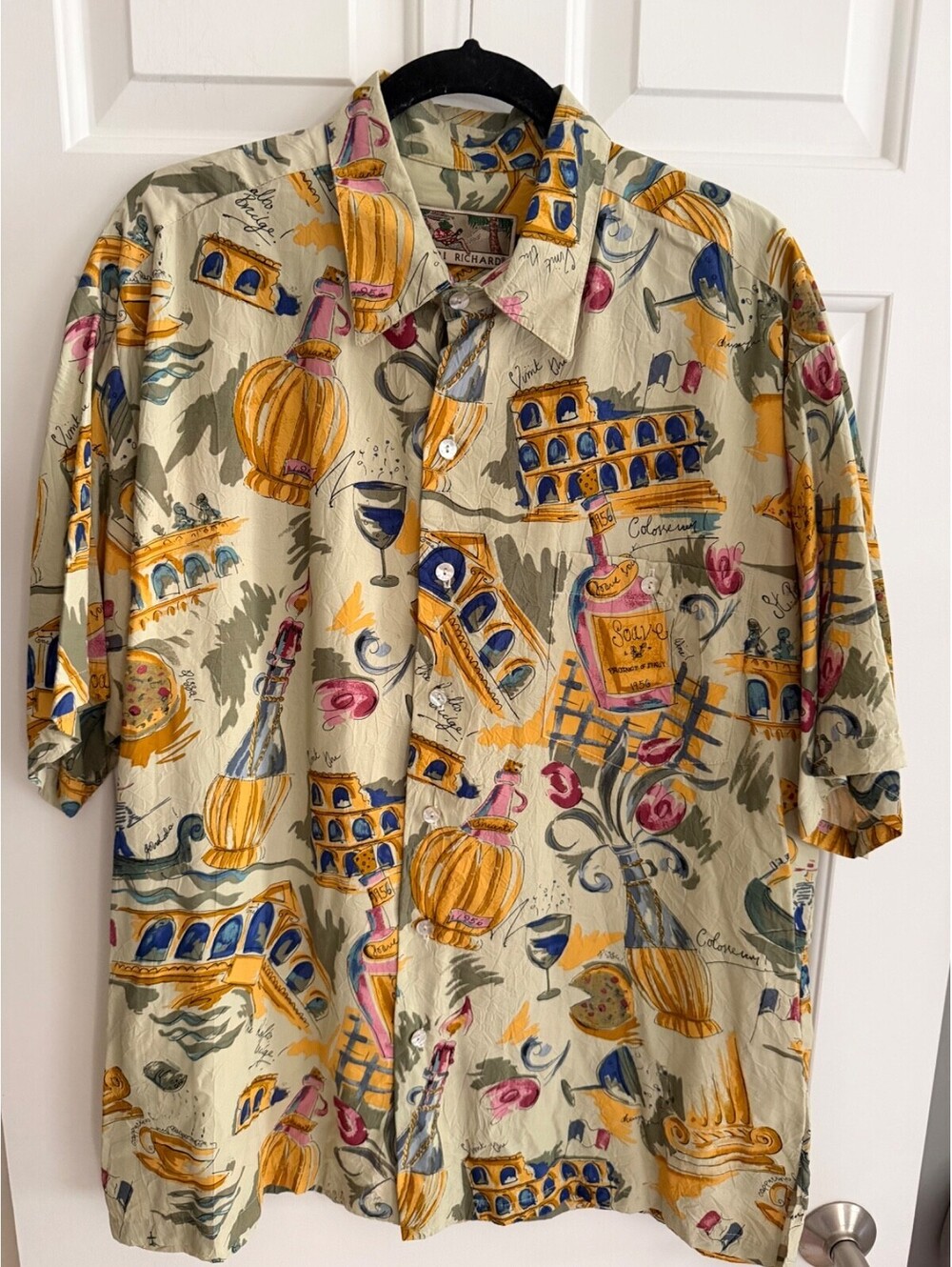 Vintage Tori Richard Hawaiian Shirt Mens Large Italy Colosseum Wine Pizza Rayon